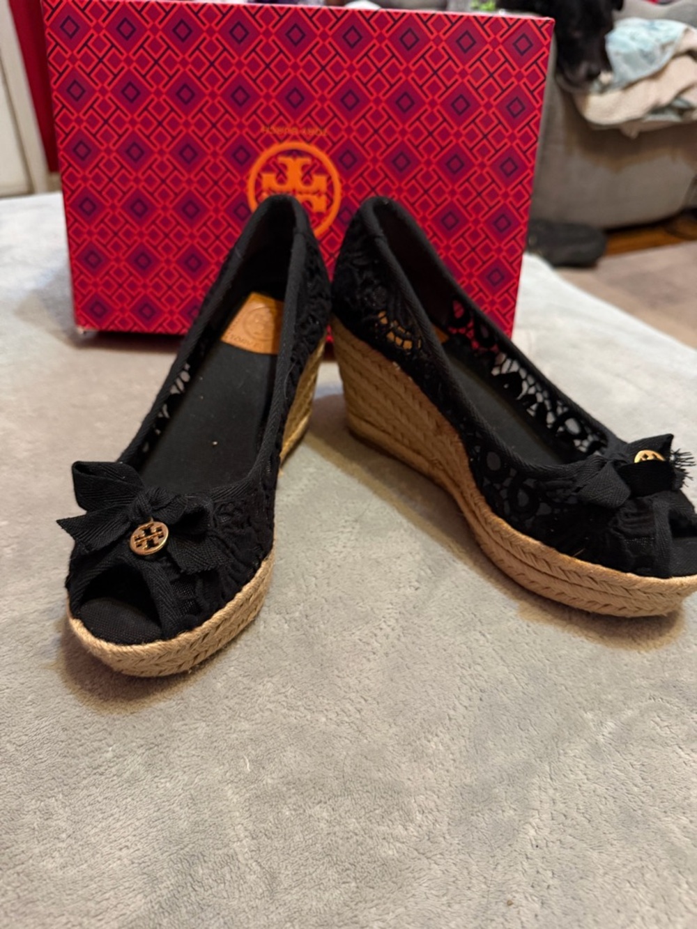 Tory Burch Black‎ Lace Espadrille Wedge Peep-Toe size 9